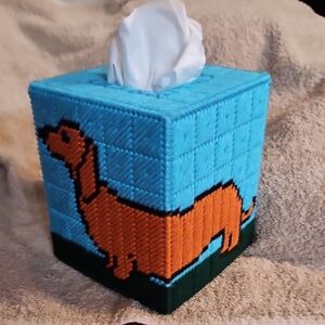 Blue Tissue Box Cover with Orange Dachshund Design